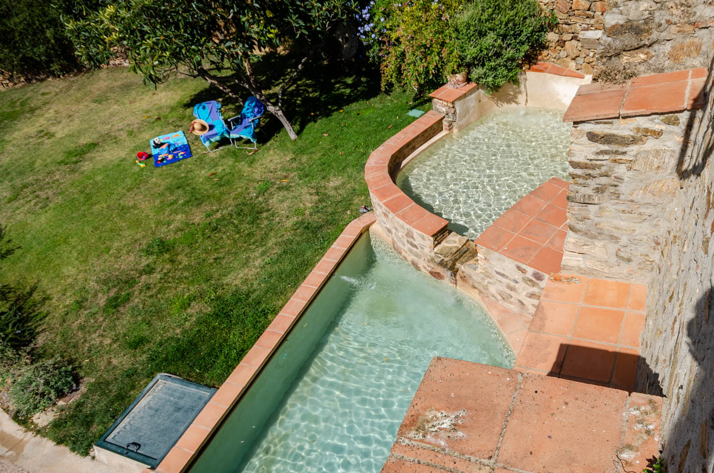 The splash pools seen from dining area window